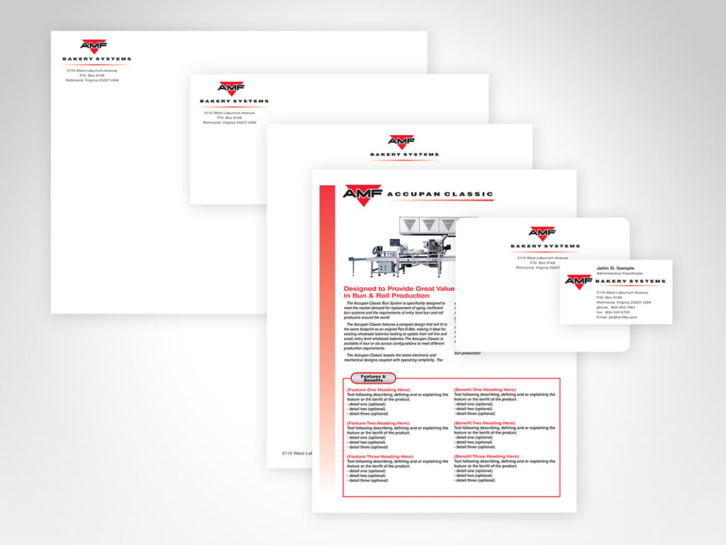 AMF Bakery Systems Corporate Identity Materials include: 9x12 Envelope, #10 Envelope, Letterhead, Cut-Sheet template, Mailing Label and Business Card
